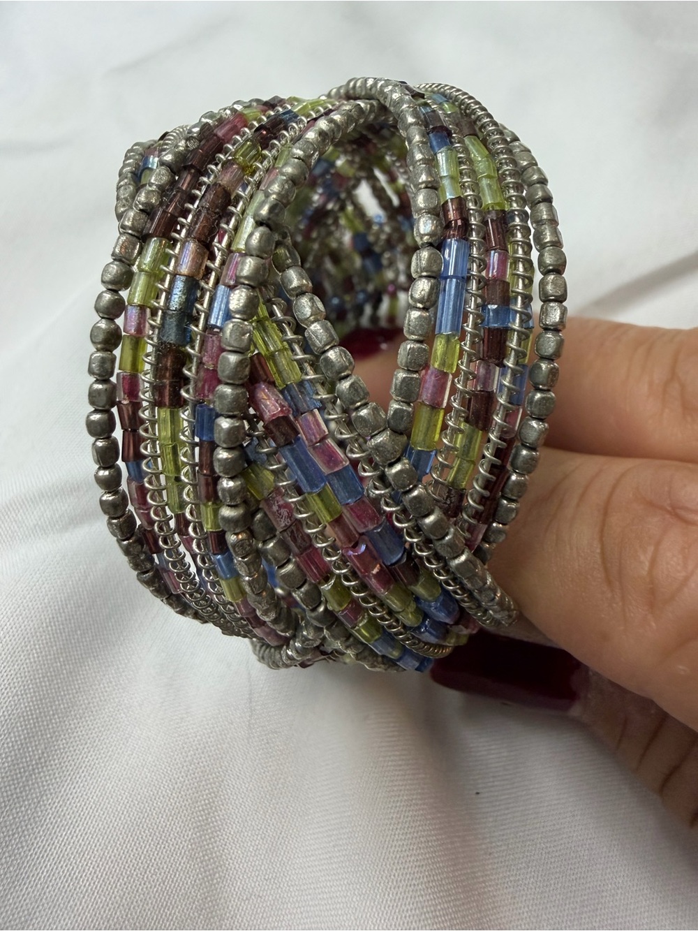Multicolor Coil Wrap Bracelet with Silver-Tone Beads